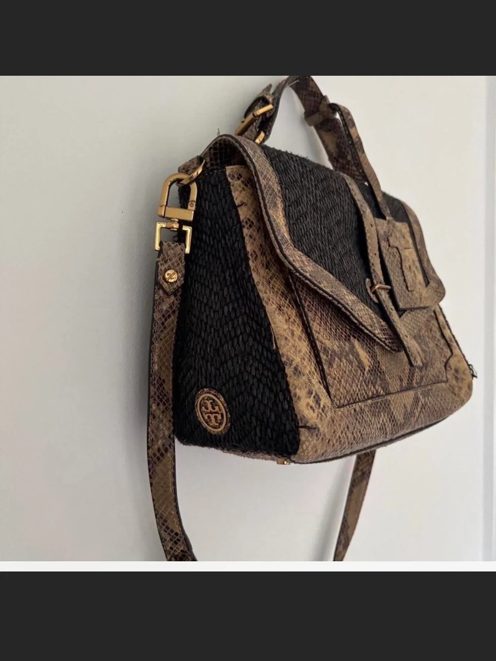 Tory Burch Black and Beige Snake-Trim Raffia Structured Satchel Handbag - Picture 3 of 6
